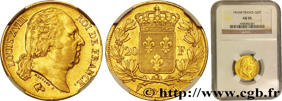 20 francs or Louis XVIII, tête nue 1816 Lille F.519/4 AU55 NGC