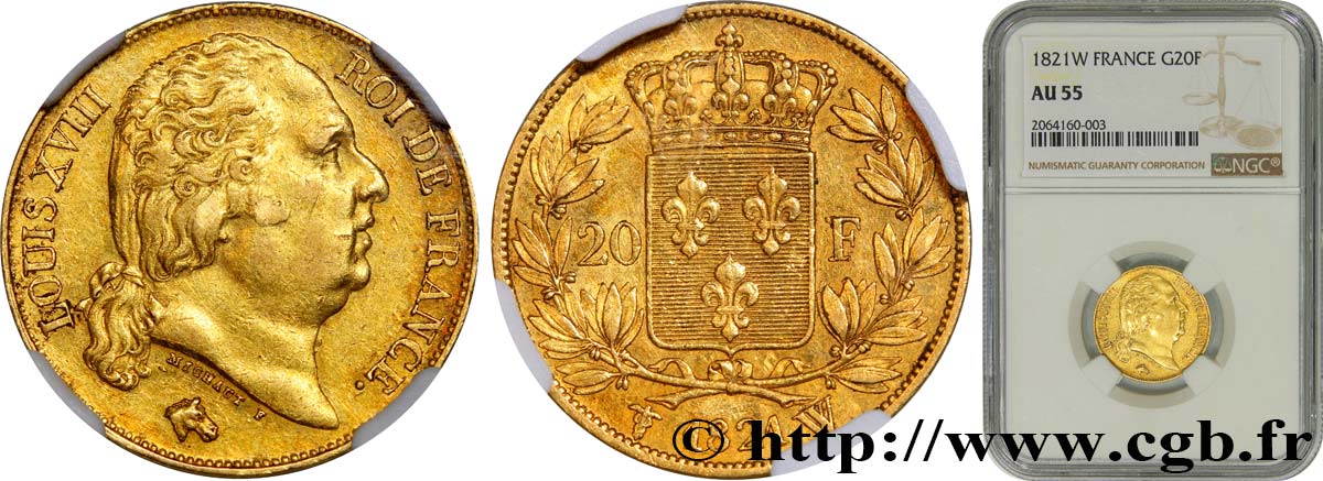 20 francs or Louis XVIII, tête nue 1821 Lille F.519/25 SUP55 NGC