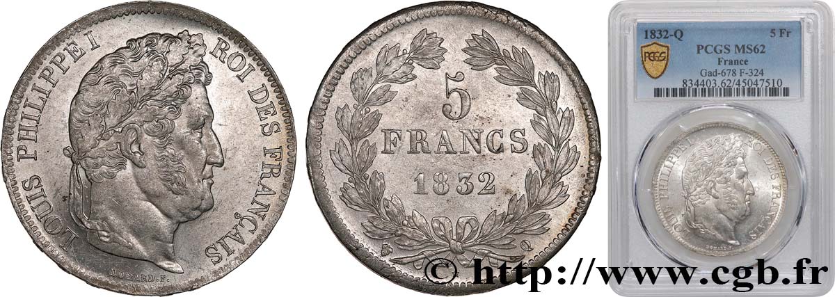 5 francs IIe type Domard 1832 Perpignan F.324/11 VZ62 PCGS