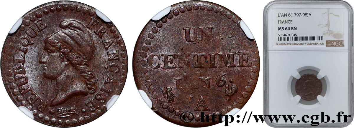 Un centime Dupré, grand 6 1798 Paris F.100/4 MS64 NGC