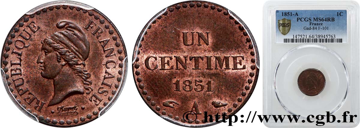 Un centime Dupré, IIe République 1851 Paris F.101/8 SC64 PCGS