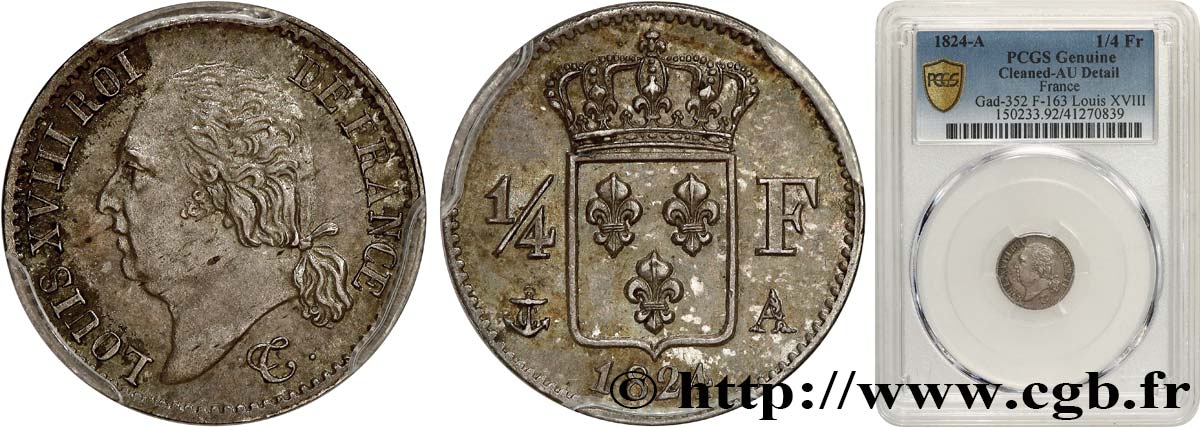 1/4 franc Louis XVIII  1824 Paris F.163/31 AU PCGS