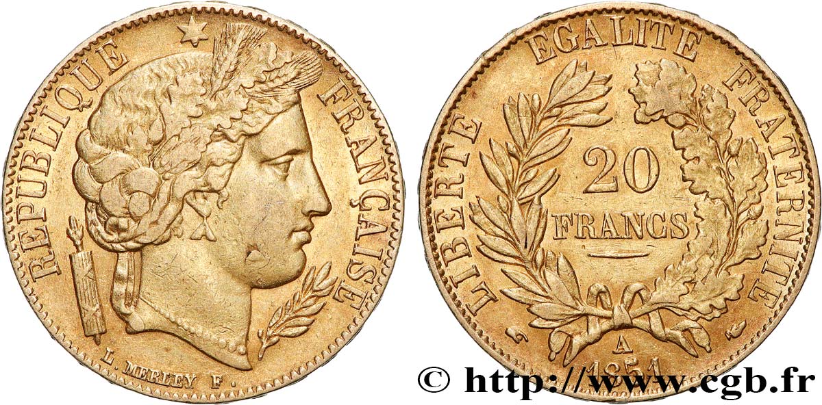 20 francs or Cérès, sans point après MERLEY 1851 Paris F.529/5 TTB