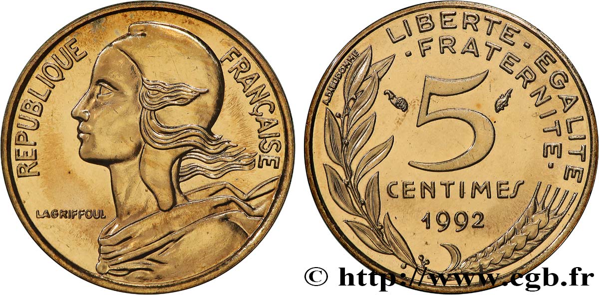 5 centimes Marianne, BU (Brillant Universel), frappe médaille 1992 Pessac F.125/31 FDC