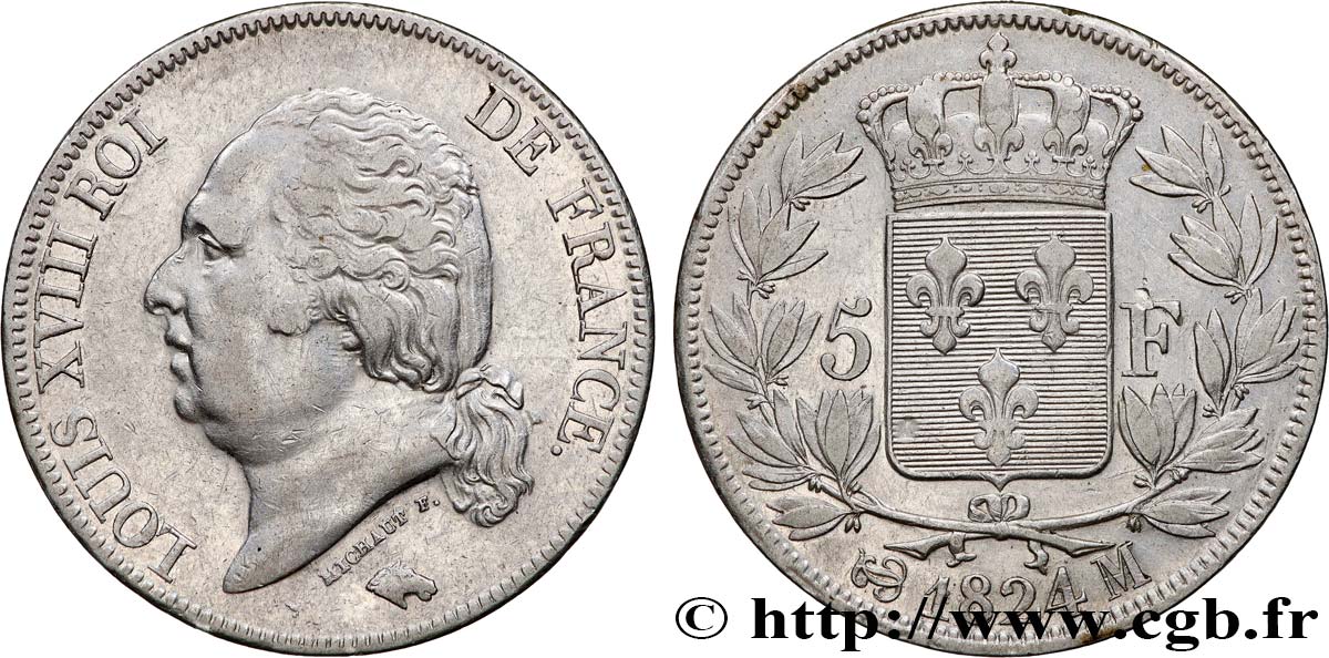 5 francs Louis XVIII, tête nue 1824 Toulouse F.309/95 MBC