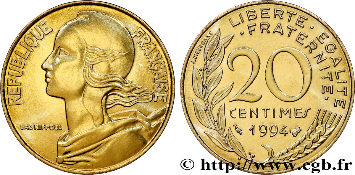 20 centimes Marianne, différent abeille, BU (Brillant Universel) 1994 Pessac F.156/38 MS