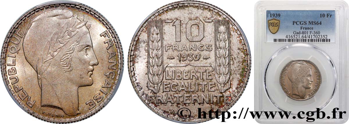 10 francs Turin 1939  F.360/10 SPL64 PCGS