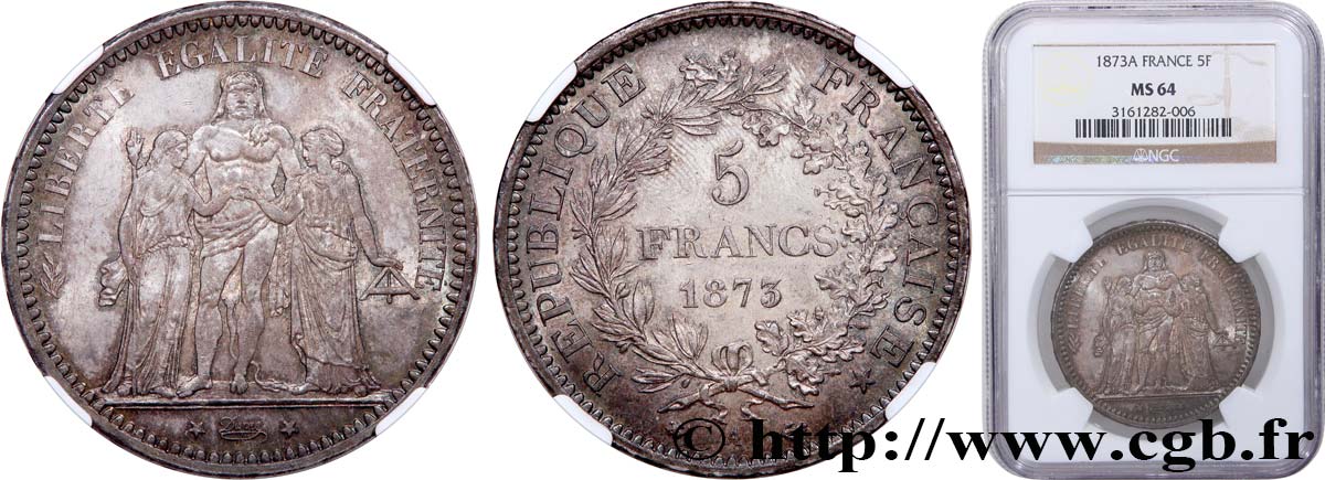 5 francs Hercule 1873 Paris F.334/9 SPL64 NGC