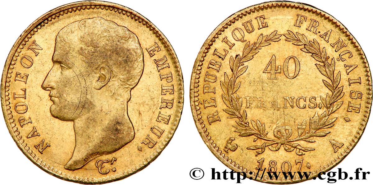 40 francs or Napoléon tête nue, type transitoire 1807 Paris F.539/1 XF 