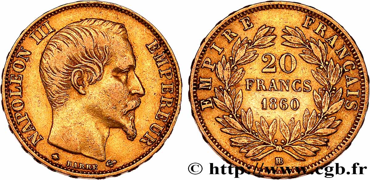 20 francs or Napoléon III, tête nue 1860 Strasbourg F.531/20 XF
