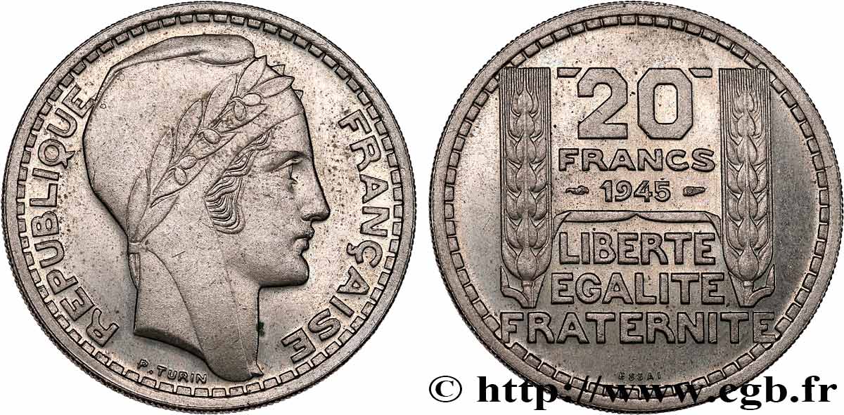 Essai de 20 francs Turin en cupro-nickel 1945 Paris GEM.206 1 SPL62 