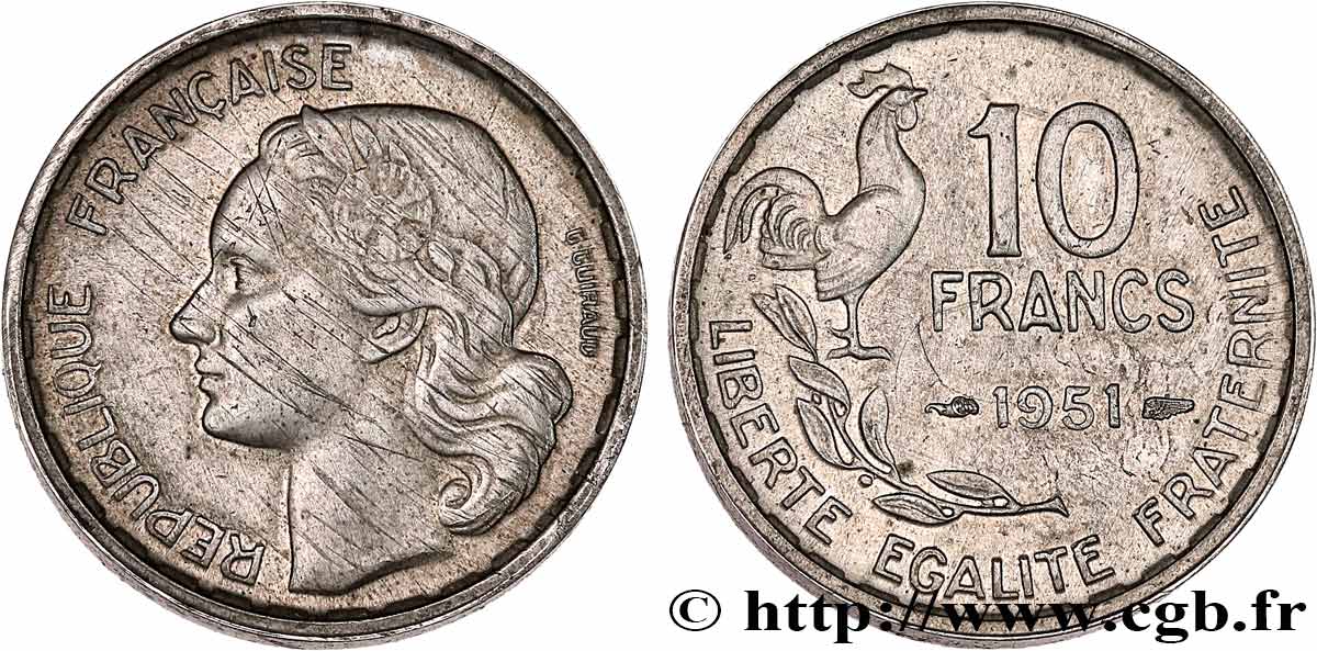 Épreuve Argent de 10 francs Guiraud sur flan épais 1951  GEM.182 6 q.SPL/SPL 