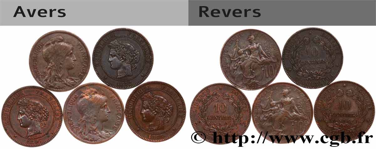Lot de trois pièces de 10 centimes Cérès + deux pièces de 10 Centimes Daniel-Dupuis n.d. s.l. F.135/8 VF/AU