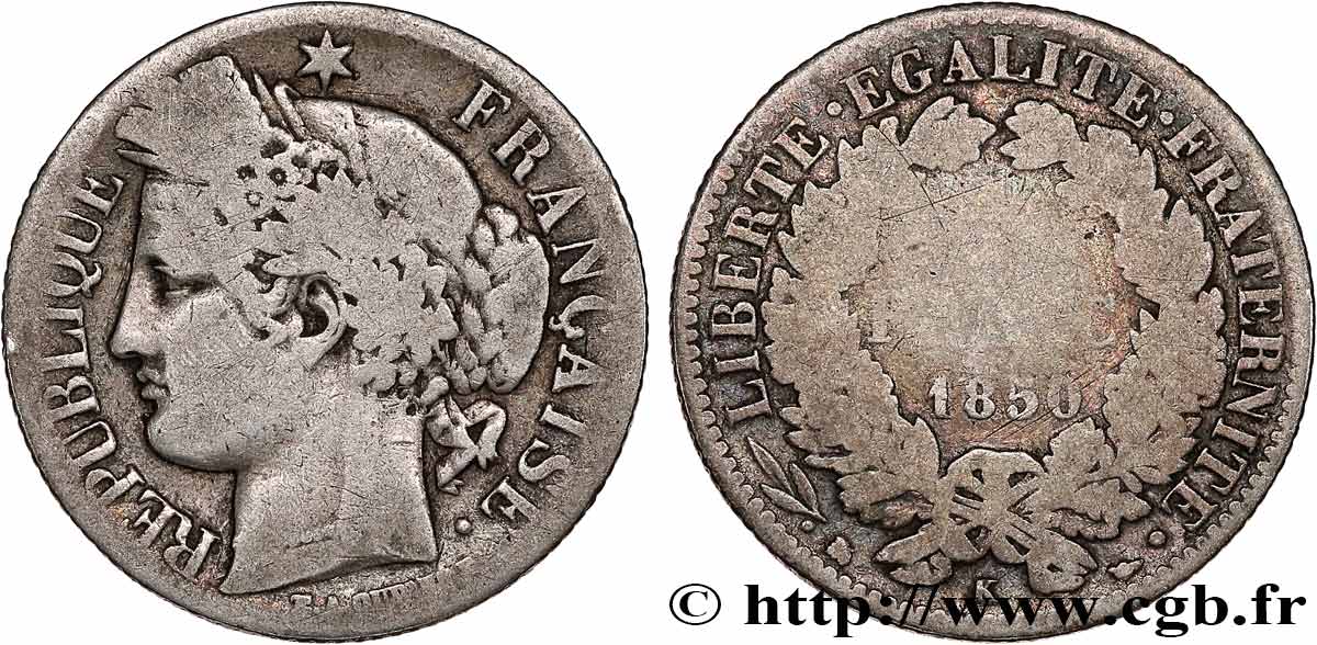 1 franc Cérès, IIe République 1850 Bordeaux F.211/8 VG8 