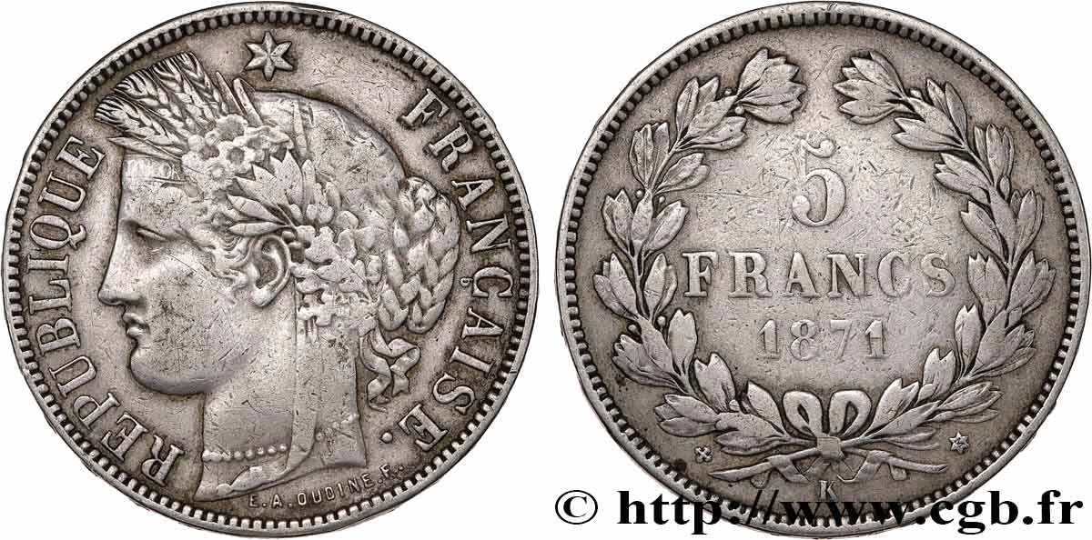 5 francs Cérès, sans légende 1871 Bordeaux F.332/8 S