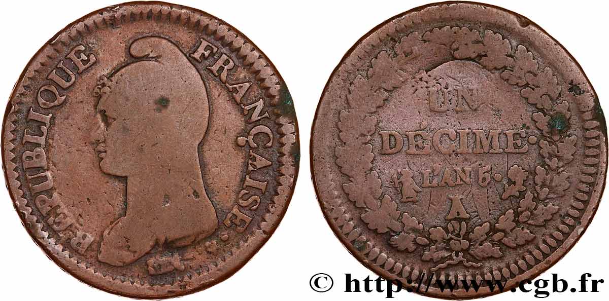 Un décime Dupré, grand module,  refrappage  du 2 décimes, A/I, Corne/Tournesol 1797 Paris F.128/3 RC 