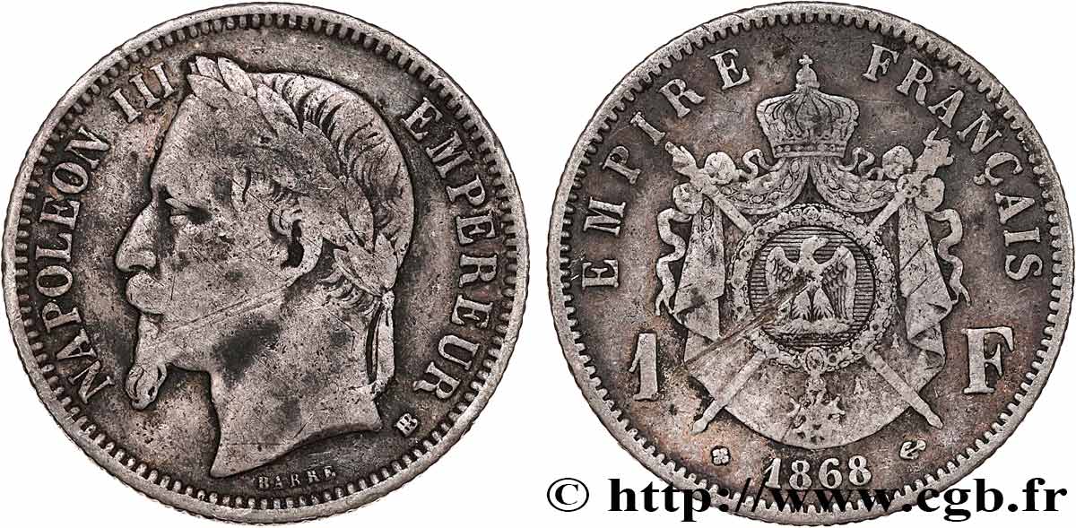 1 franc Napoléon III, tête laurée 1868 Strasbourg F.215/11 RC+