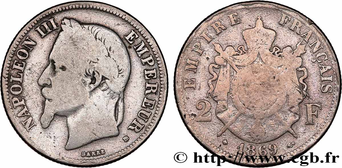 2 francs Napoléon III, tête laurée 1869 Strasbourg F.263/11 B