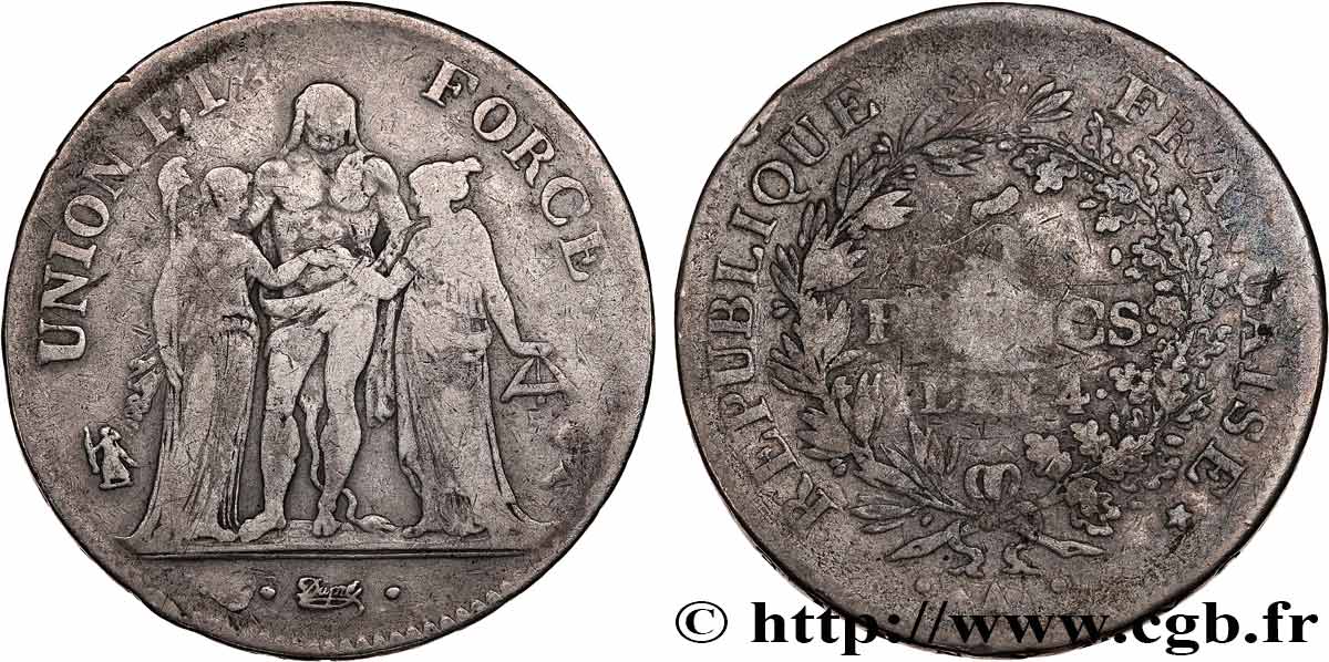 5 francs Union et Force, Union serré, avec glands intérieurs et gland extérieur 1796 Paris F.288/2 B