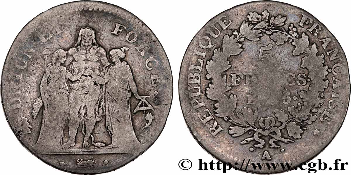 5 francs Union et Force, Union desserré, seulement gland extérieur 1797 Paris F.291/6 F12