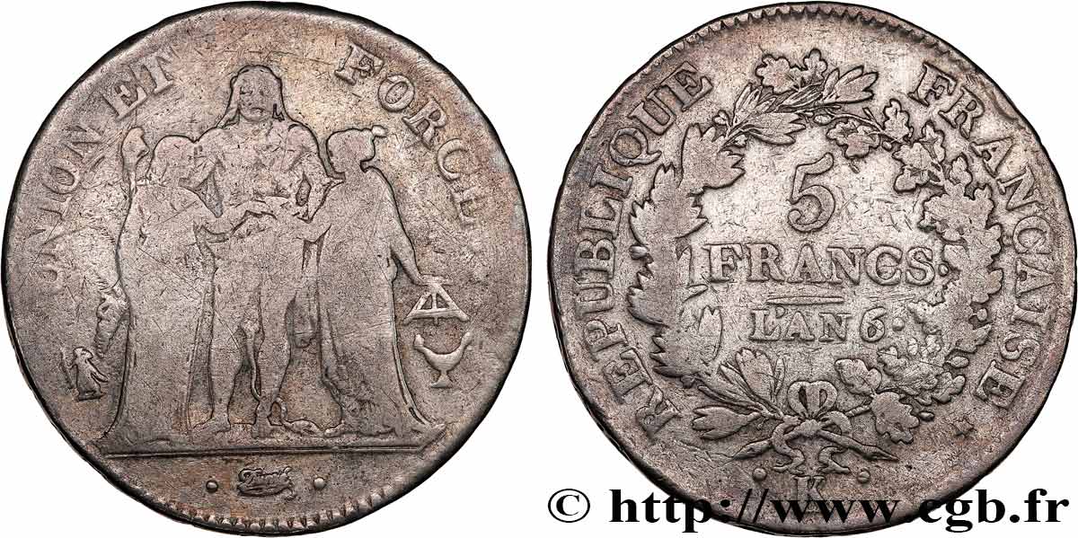 5 francs Union et Force, Union serré, seulement gland extérieur 1798 Bordeaux F.288/61 F15
