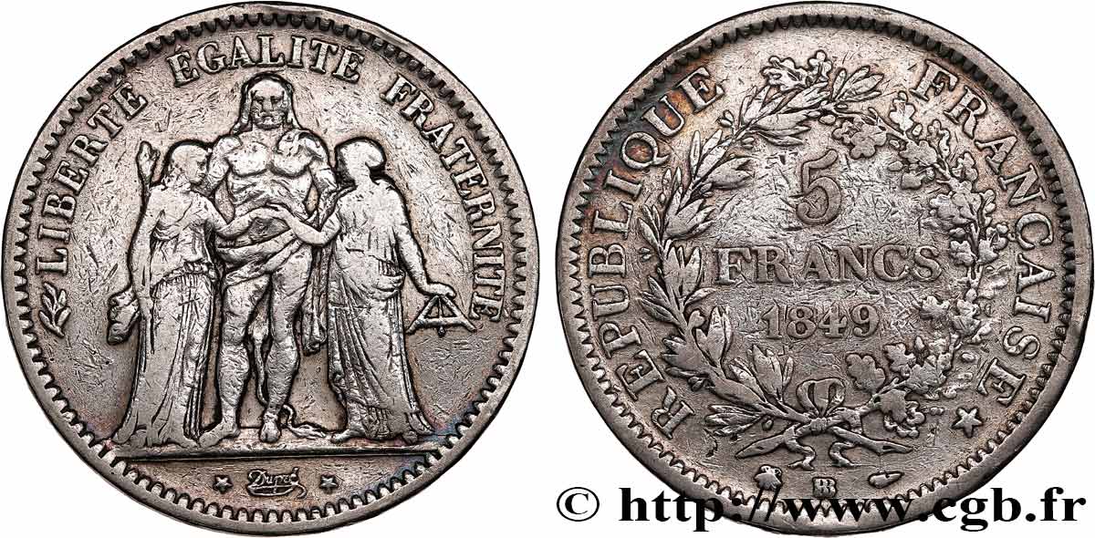 5 francs Hercule, IIe République 1849 Strasbourg F.326/6 VF