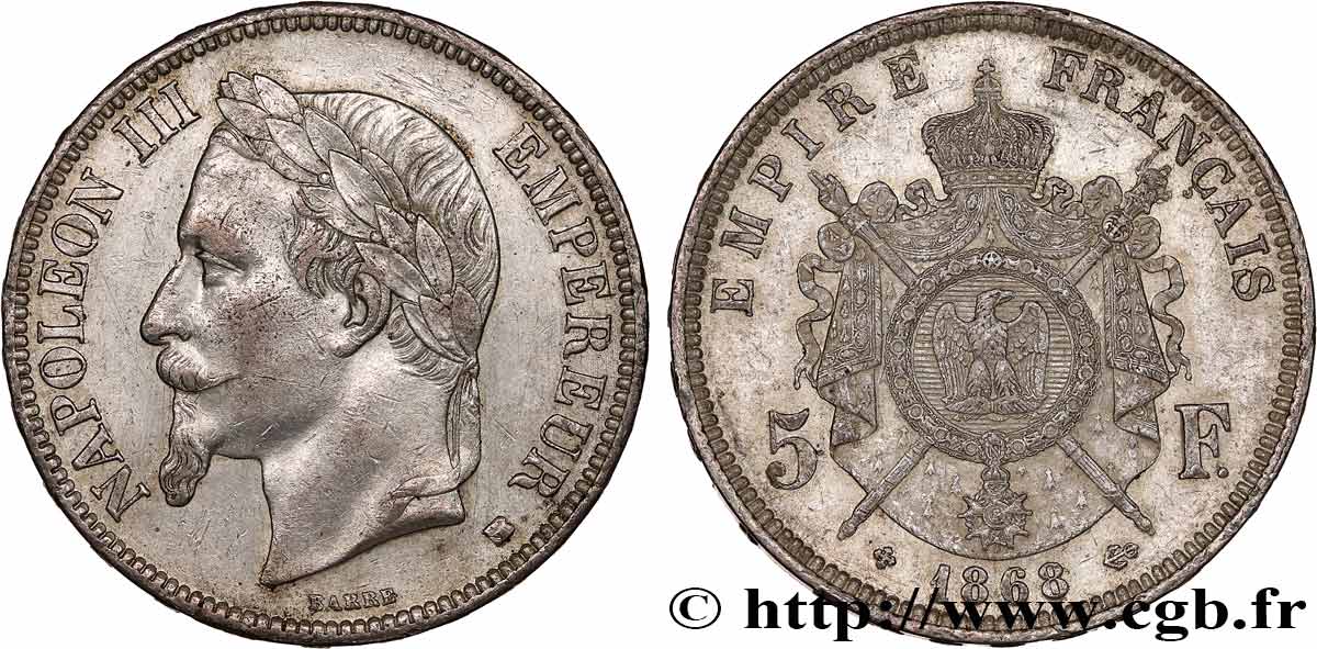 5 francs Napoléon III, tête laurée 1868 Strasbourg F.331/13 SS/fVZ