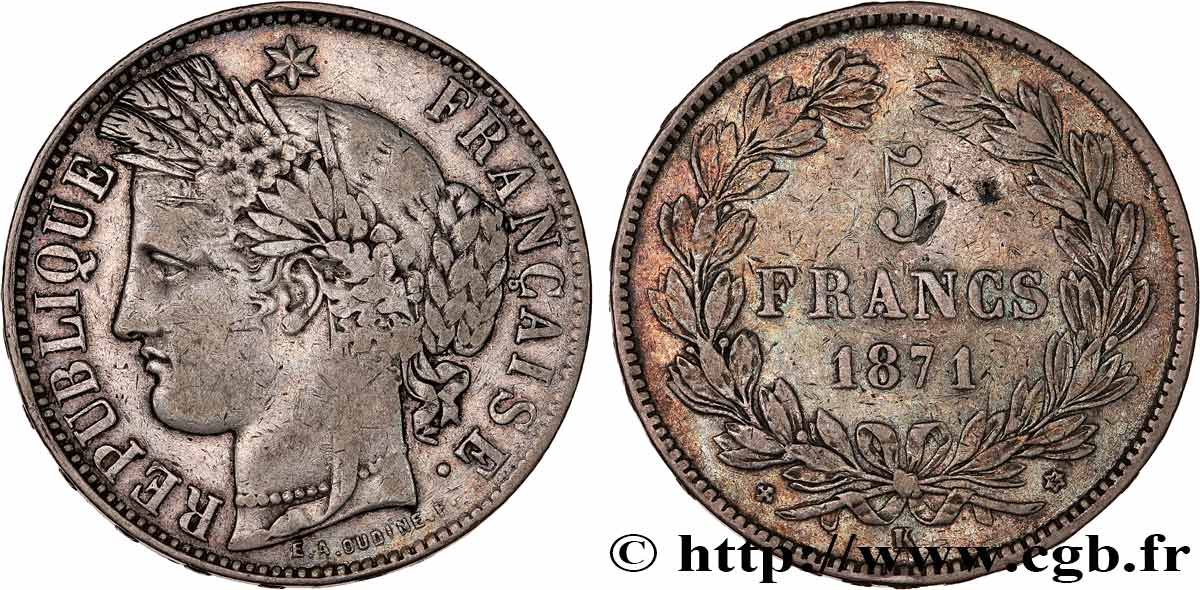 5 francs Cérès, sans légende 1871 Bordeaux F.332/8 BC+