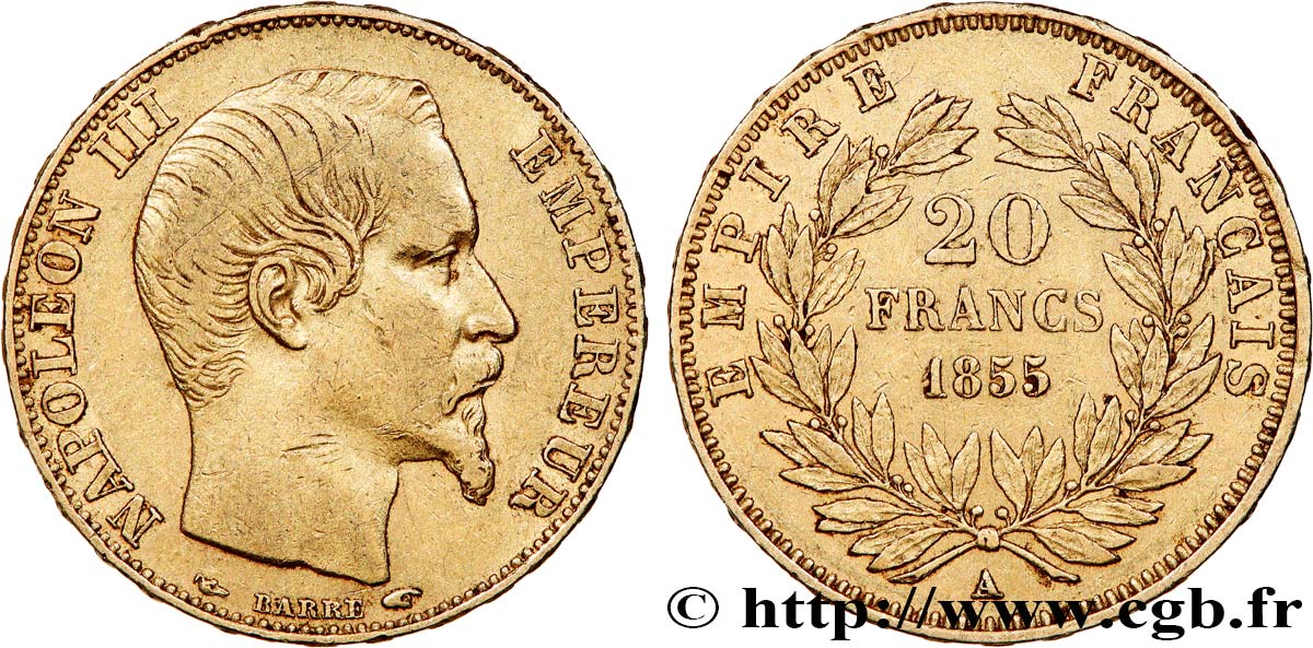 20 francs or Napoléon III, tête nue 1855 Paris F.531/3 XF