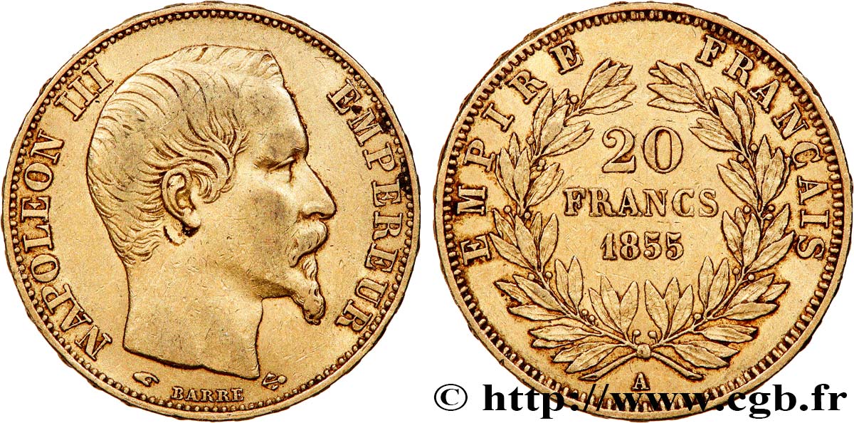 20 francs or Napoléon III, tête nue 1855 Paris F.531/4 XF