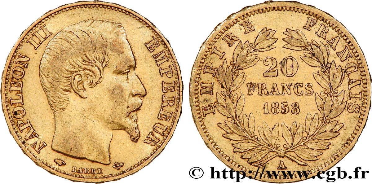 20 francs or Napoléon III, tête nue 1858 Paris F.531/13 XF