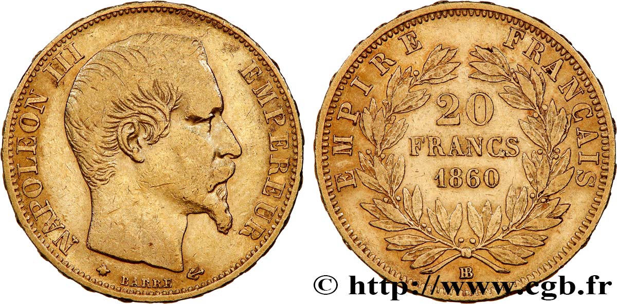 20 francs or Napoléon III, tête nue 1860 Strasbourg F.531/20 VF