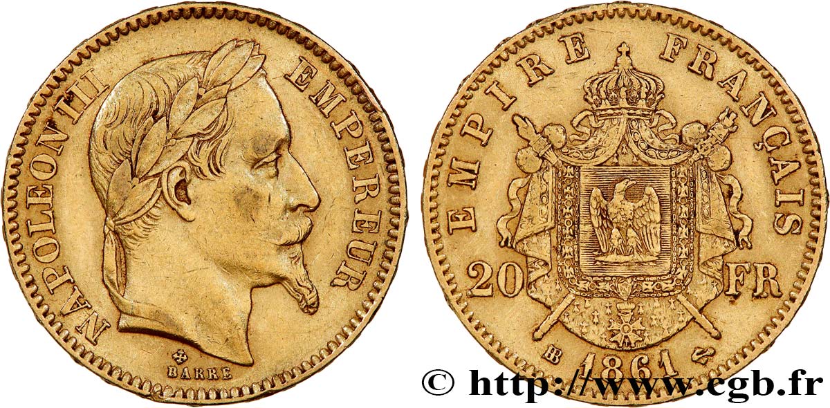 20 francs or Napoléon III, tête lauré 1861 Strasbourg F.532/2 XF