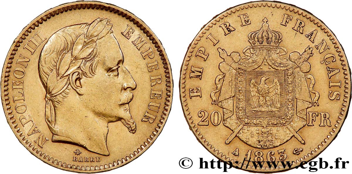 20 francs or Napoléon III, tête laurée 1863 Paris F.532/6 XF