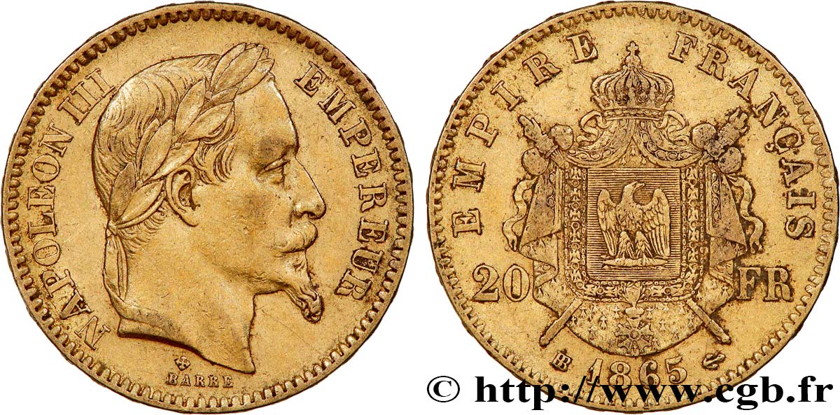 20 francs or Napoléon III, tête laurée 1865 Strasbourg F.532/12 XF