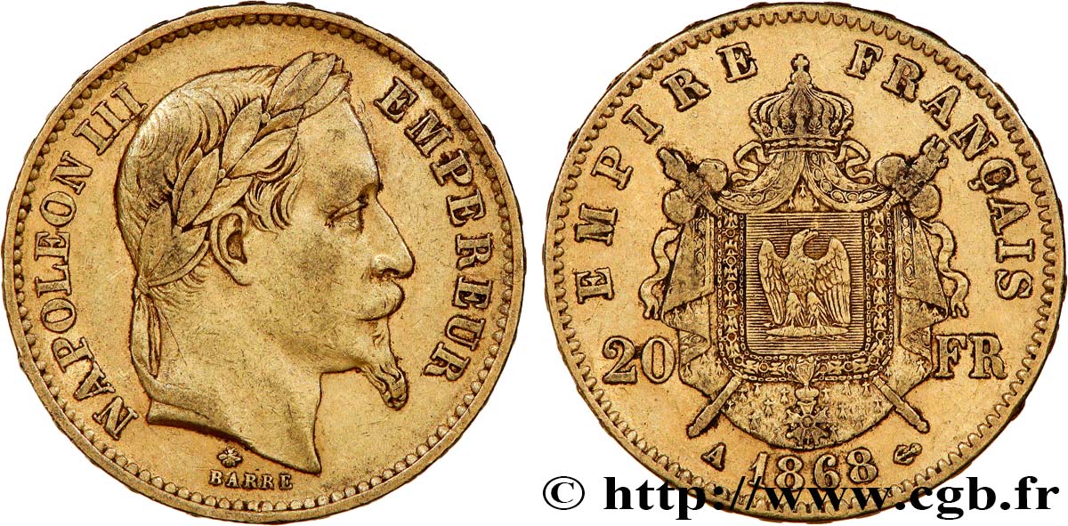 20 francs or Napoléon III, tête laurée 1868 Paris F.532/18 XF