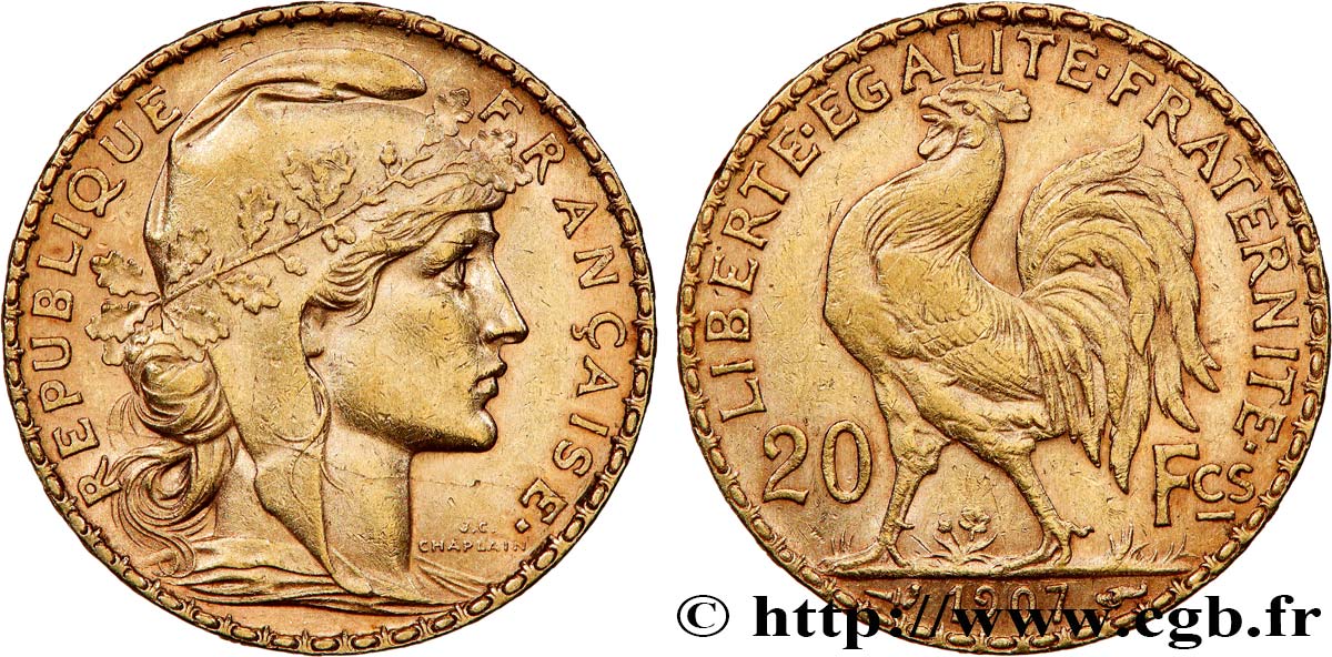 20 francs or Coq, Liberté Égalité Fraternité 1907 Paris F.535/1 q.SPL