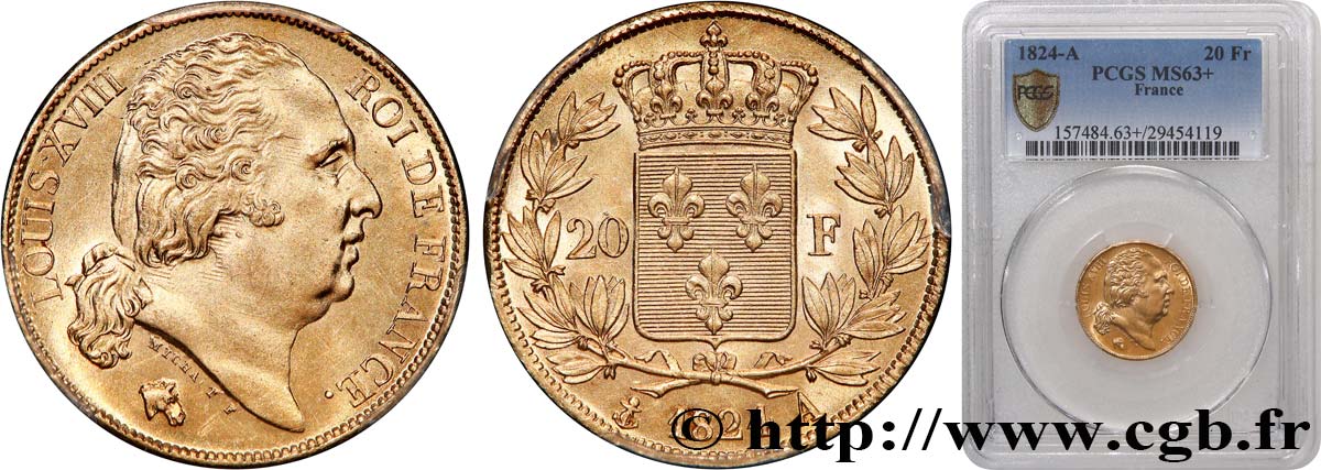 20 francs or Louis XVIII, tête nue 1824 Paris F.519/31 MS63 PCGS