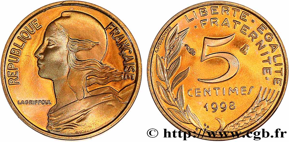 5 centimes Marianne, BE (Belle Épreuve), 4 plis 1998 Pessac F.125/41 var. FDC