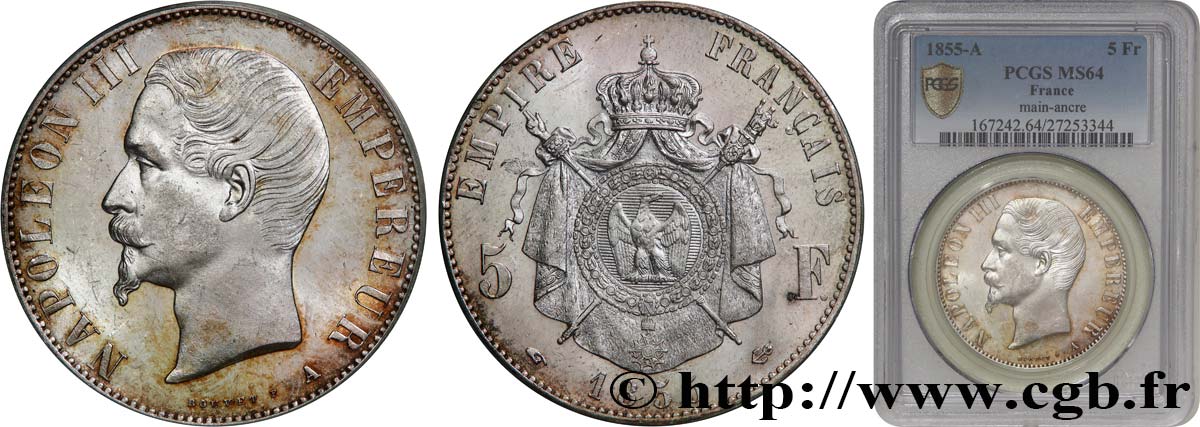 5 francs Napoléon III, tête nue 1855 Paris F.330/3 MS64 PCGS