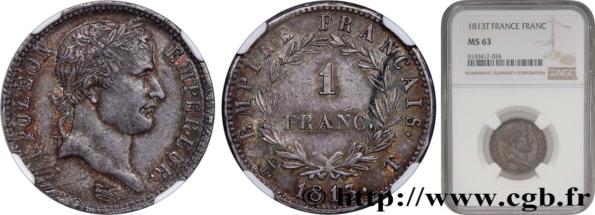 1 franc Napoléon Ier tête laurée, Empire français 1813 Nantes F.205/70 MS63 NGC