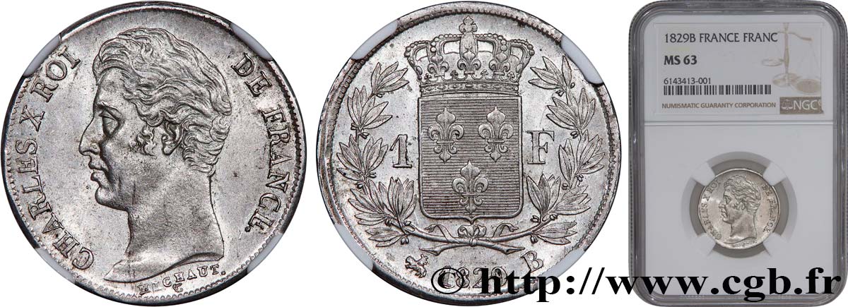 1 franc Charles X, matrice du revers à quatre feuilles 1829 Rouen F.207A/14 MS63 NGC