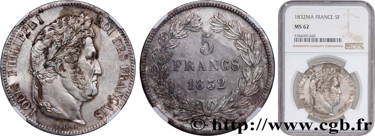 5 francs IIe type Domard 1832 Marseille F.324/10 MS62 NGC