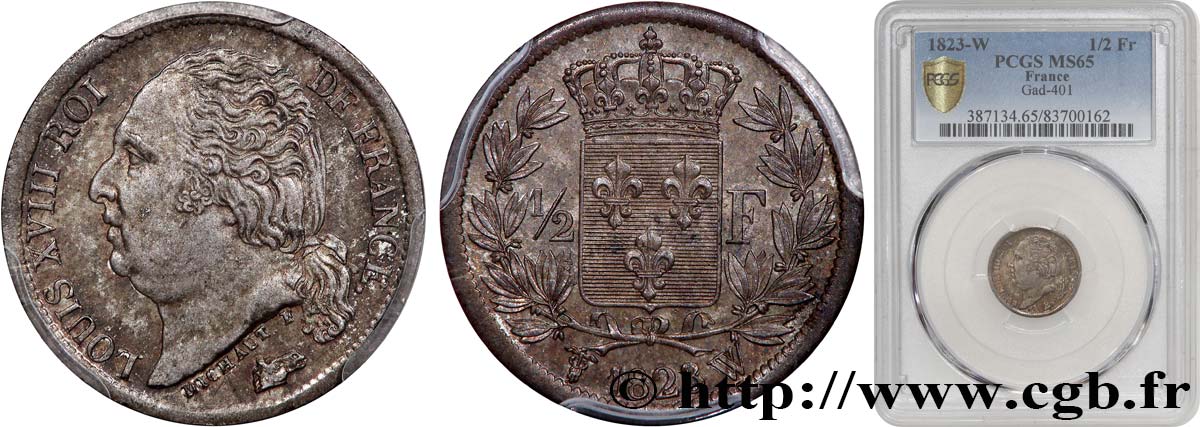 1/2 franc Louis XVIII 1823 Lille F.179/42 MS65 PCGS