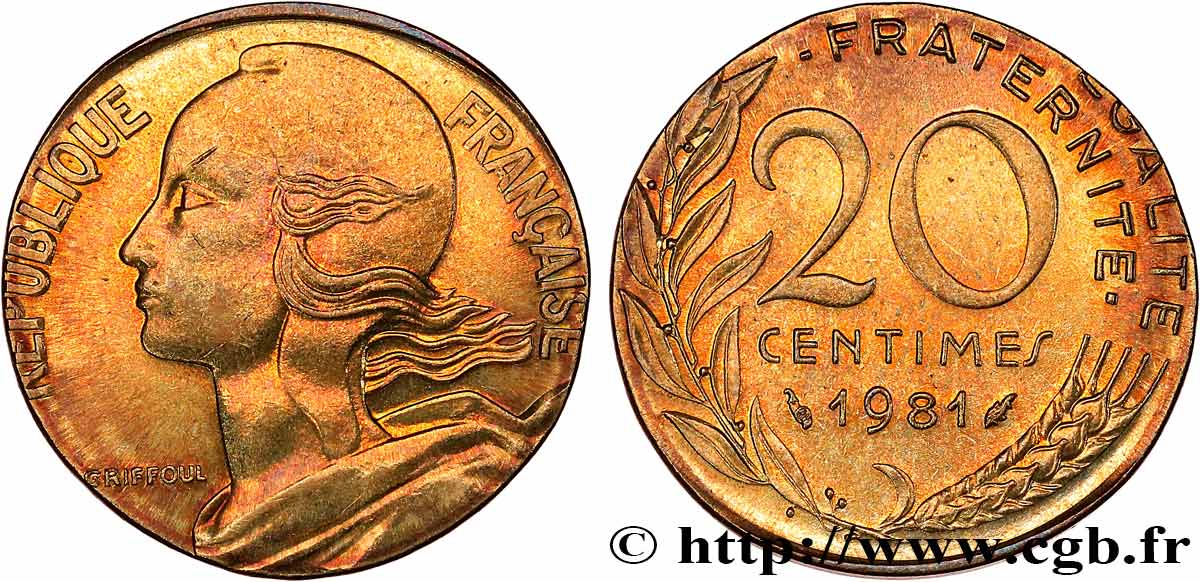 20 centimes Marianne, frappe fautée sur flan de 10 centimes Marianne 1981 Pessac F.156/21 var. MS 