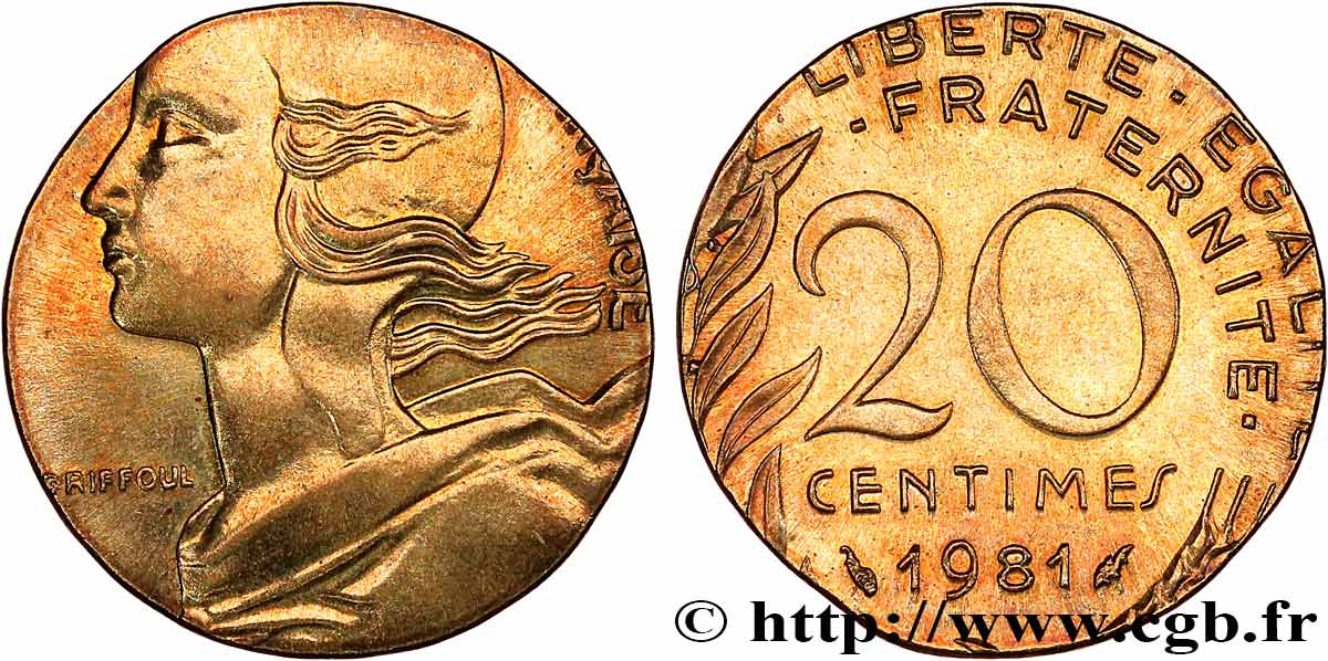 20 centimes Marianne, frappe fautée sur flan de 5 centimes Marianne 1981 Pessac F.156/21 var. SPL+ 