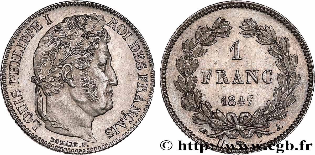1 franc Louis-Philippe, couronne de chêne 1847 Paris F.210/110 MS62 