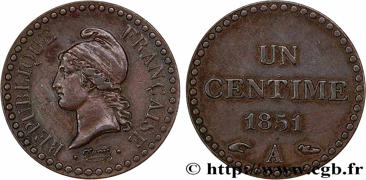 Un centime Dupré, IIe République 1851 Paris F.101/7 MBC+