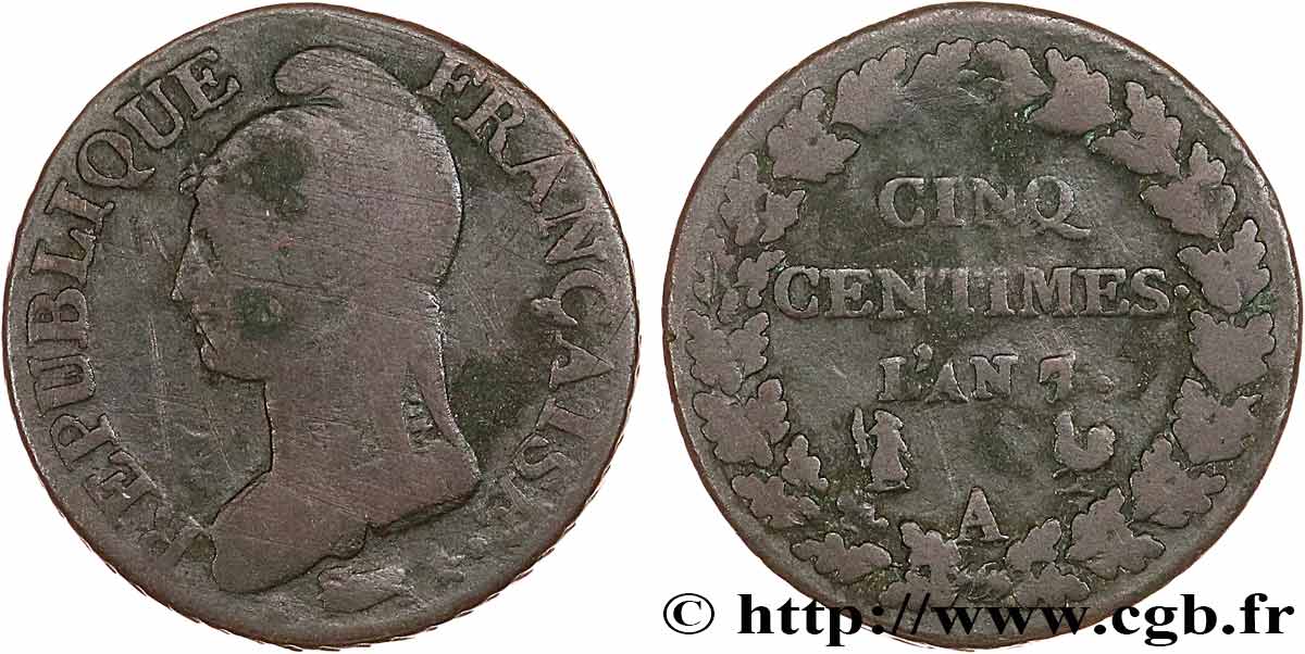 Cinq centimes Dupré, grand module 1799 Paris F.115/46 F12