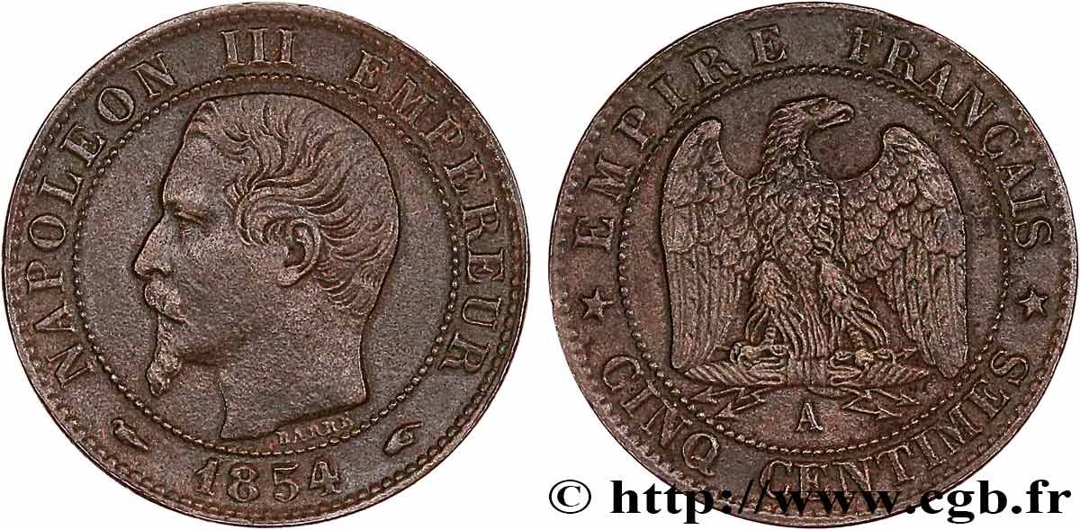 Cinq centimes Napoléon III, tête nue 1854 Paris F.116/8 TTB